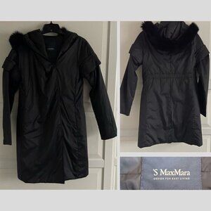 ‘S MaxMara Black Fur Trim Hooded Coat nbnn